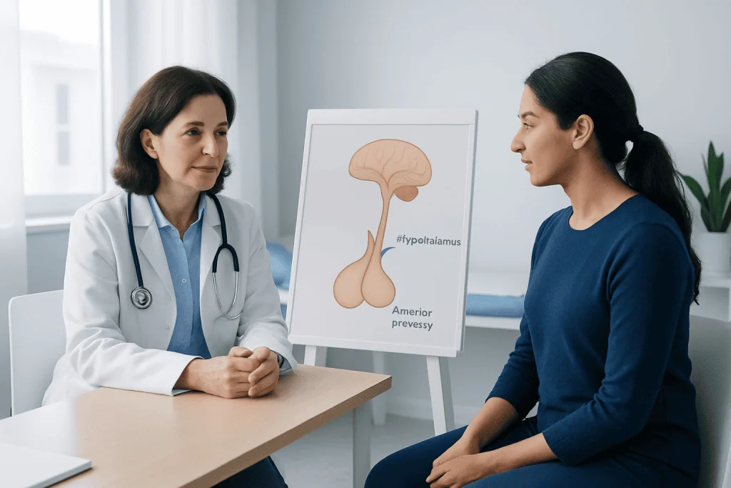 Doctor explaining pituitary gland to patient in clinic setting.