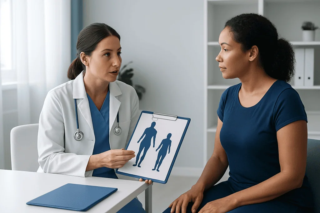 Doctor discussing body contour options with patient in consultation room.