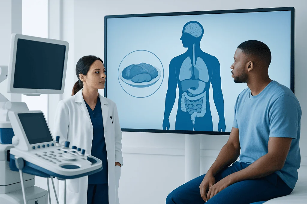 Doctor explaining human digestive system to patient in clinic.