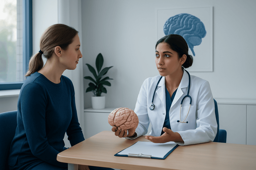 Doctor explaining brain functions to a patient in a medical consultation room.