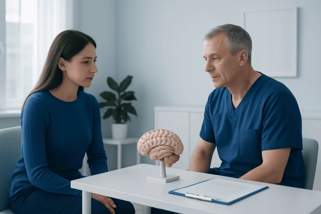Doctor explaining brain functions to a patient with a model of the brain.