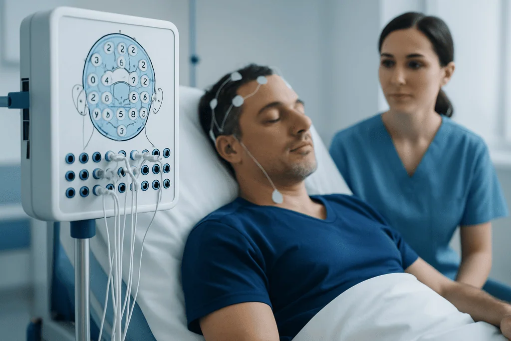 Patient undergoing sleep study with EEG monitoring at Acibadem Hospital.