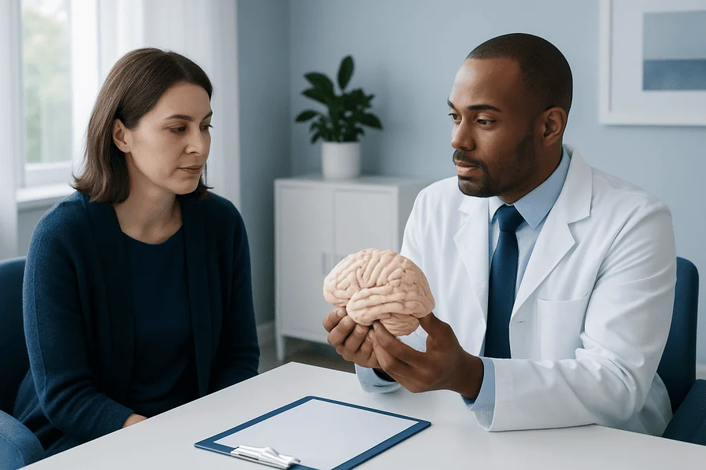 Doctor explaining human brain to patient in consultation room.