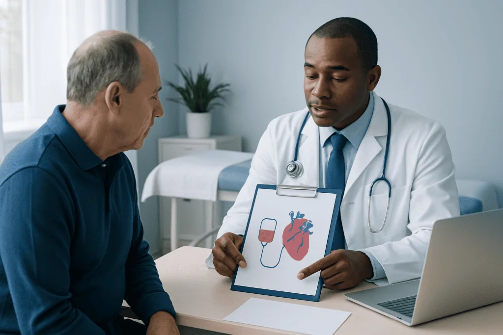 Doctor explaining blood transfusion process to patient in hospital setting.