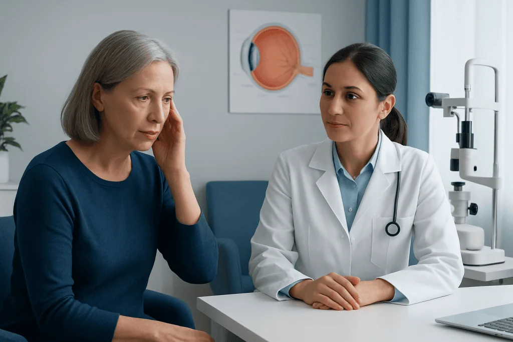 Neuro-ophthalmologist examining a patient with eye health tools in clinic.