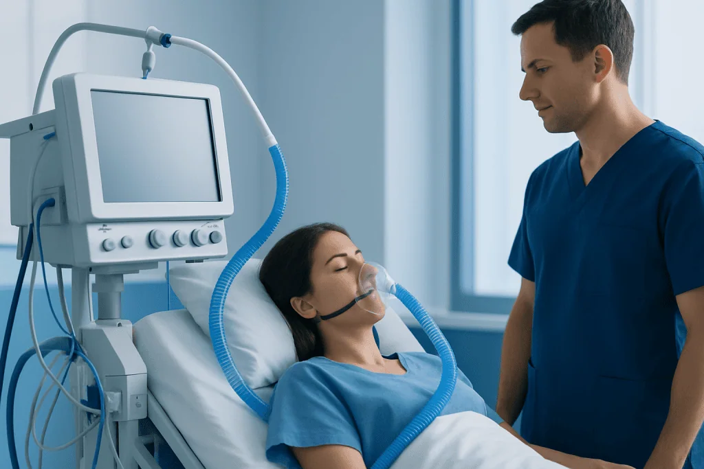Patient on ventilator with healthcare professional in hospital room.