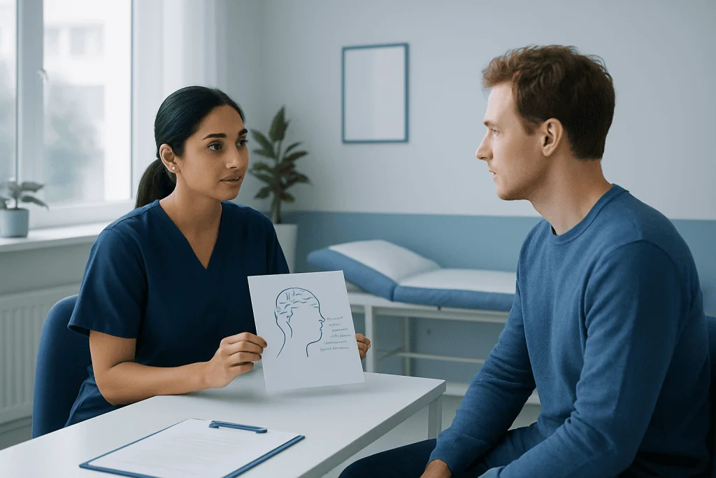 Doctor explains EEG test to patient in a medical consultation room.