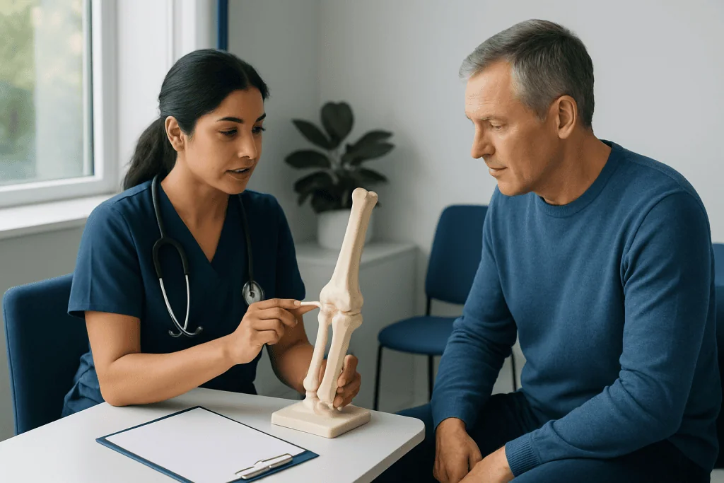 Medical professional explains elbow joint anatomy to patient using a model.