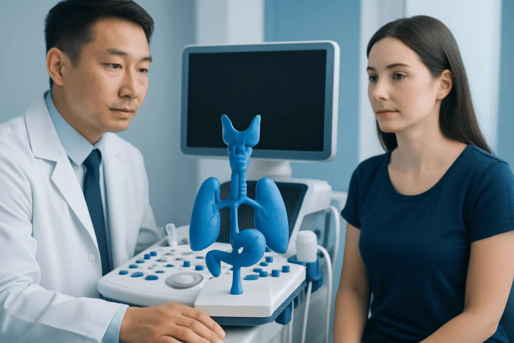 Doctor explaining thyroid and digestive system model to patient in clinic.