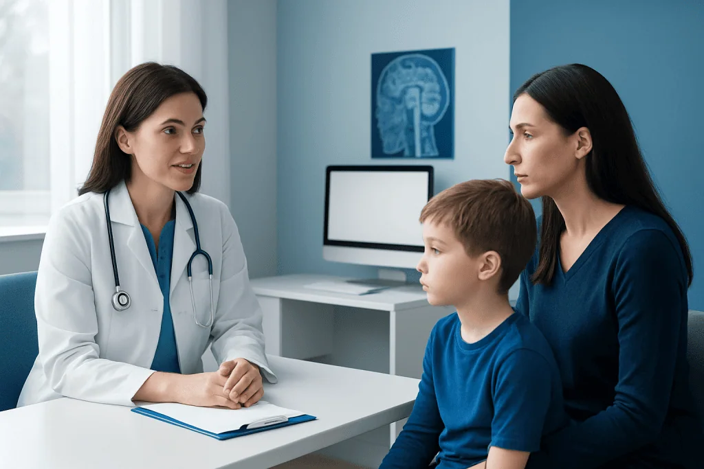 Doctor consulting with a mother and child in a hospital setting.