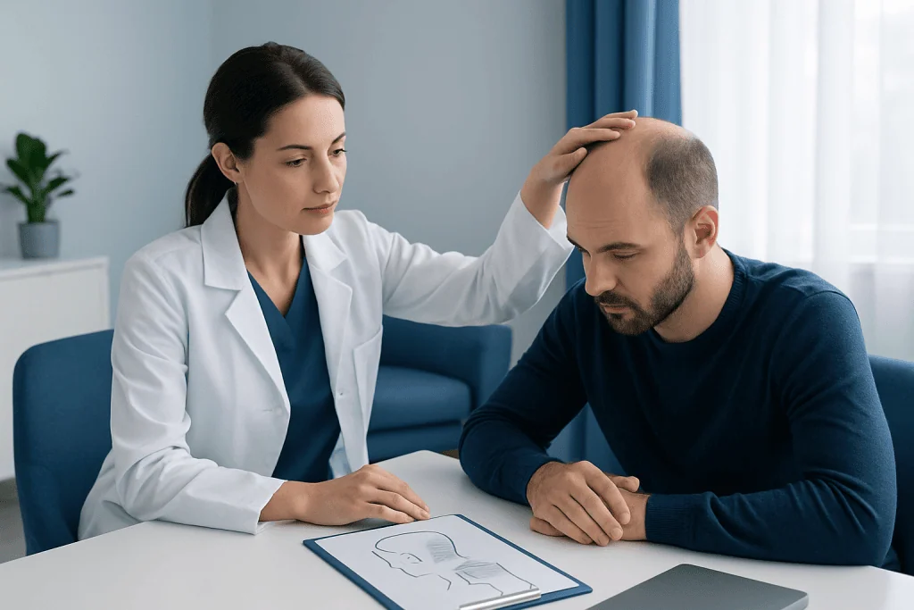 Doctor examines male patient with hair loss in consultation room.