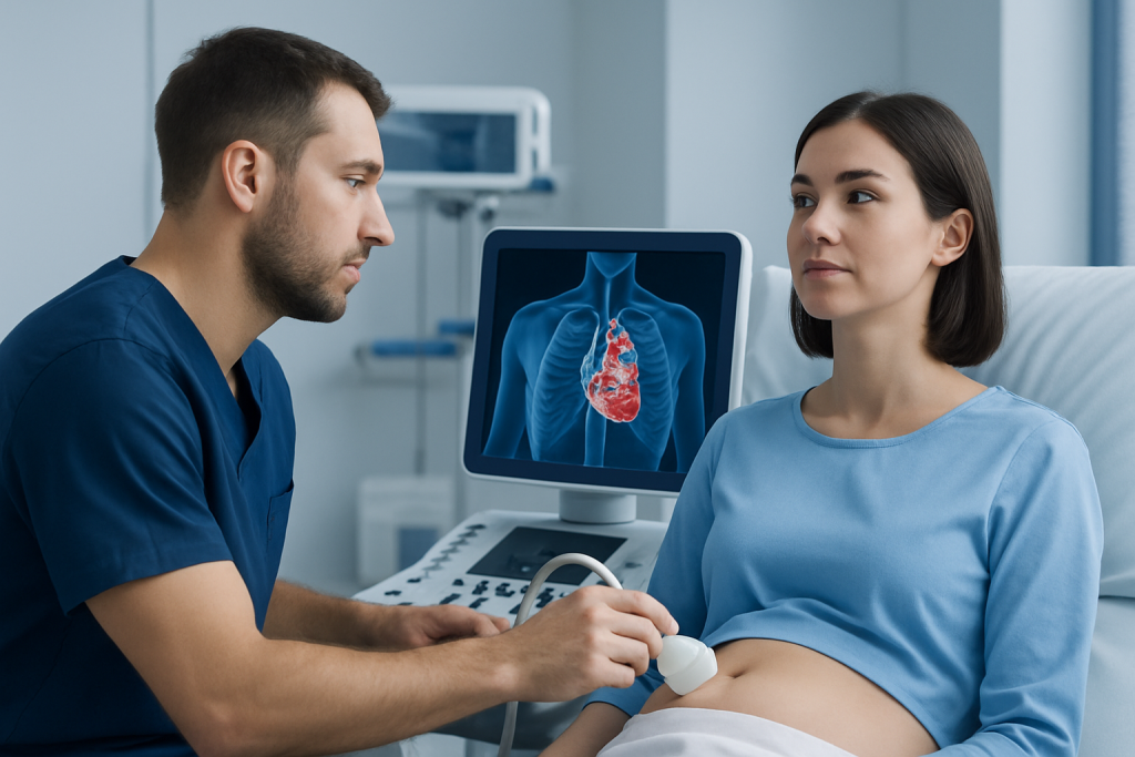 Medical examination of a woman with an ultrasound device and heart scan on monitor.