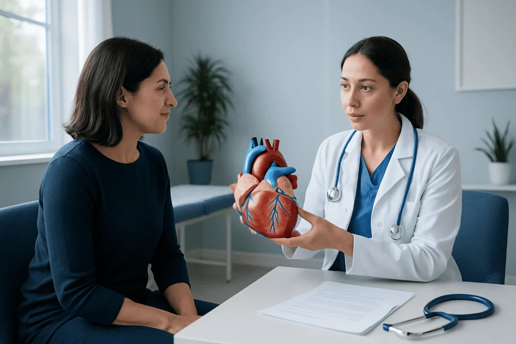 Doctor explaining heart anatomy to patient with a model of the heart.