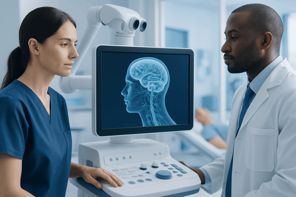 Medical professionals analyzing brain scan in a hospital setting.