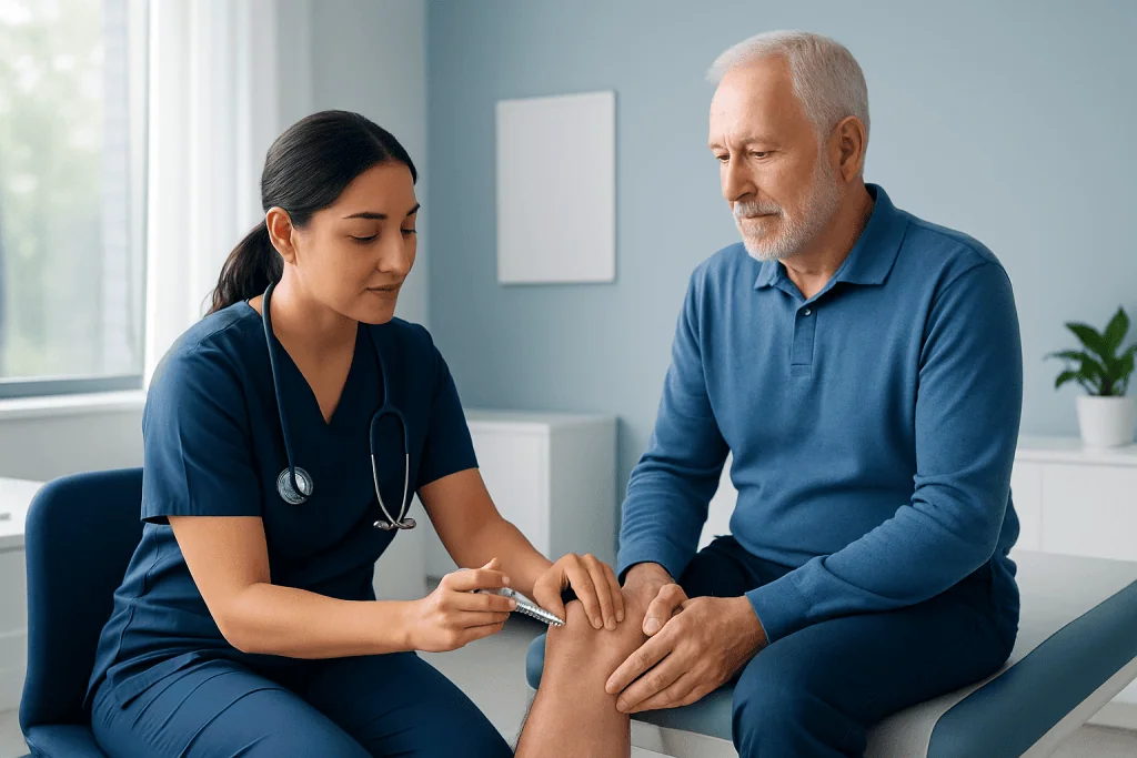 Doctor administering joint injection to an elderly male patient in a clinic.