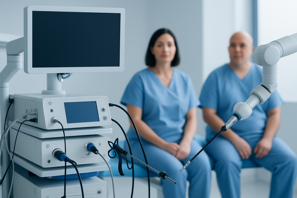 Medical professionals preparing for a robotic surgery procedure at Acibadem Hospitals.