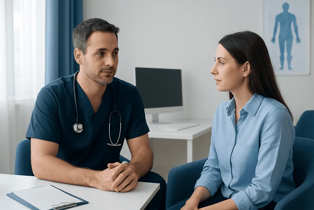 Doctor consulting with female patient in a medical office setting.