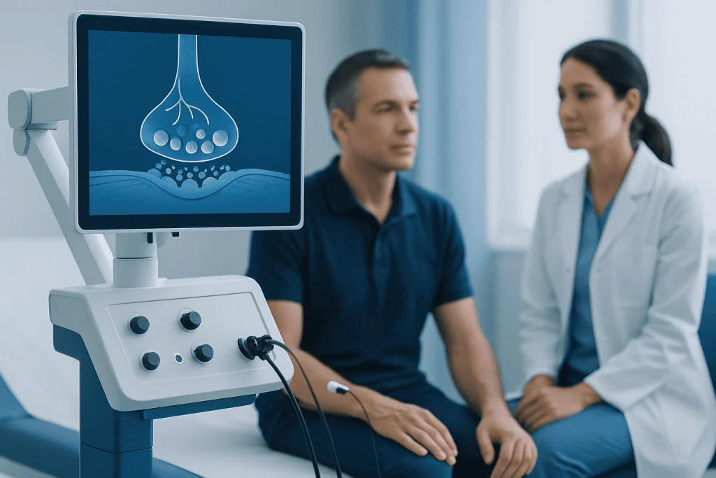Medical consultation with neuromuscular junction illustration on monitor.