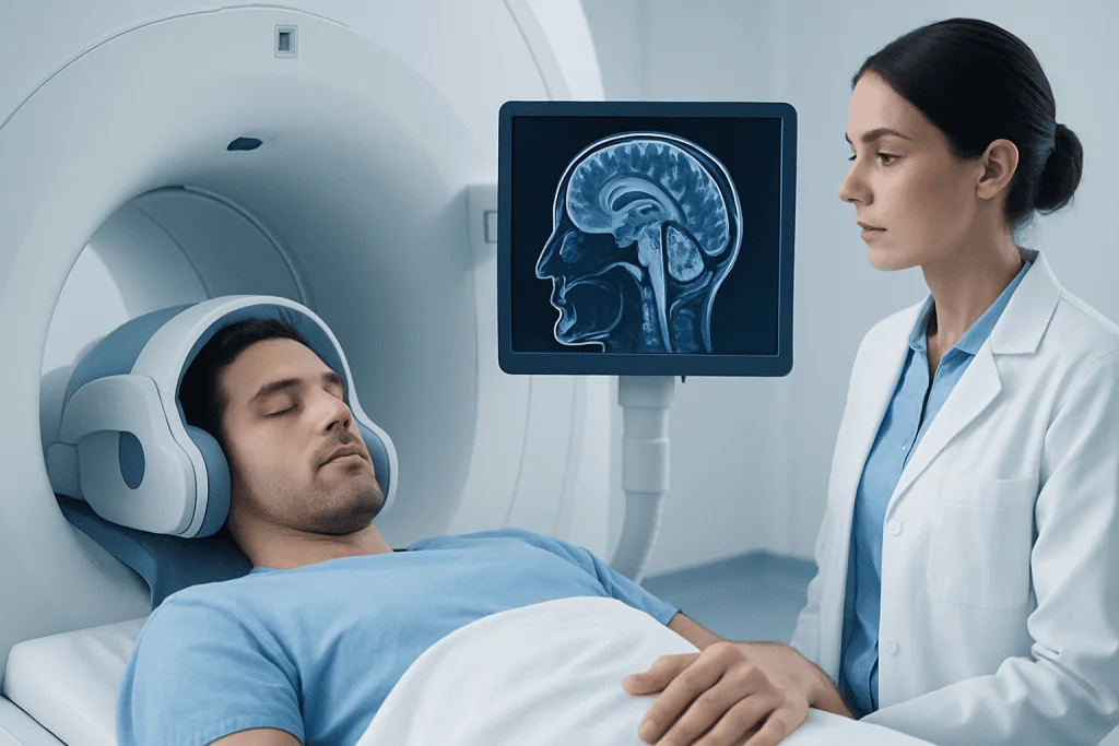 Patient undergoing brain MRI scan at Acibadem Hospital.