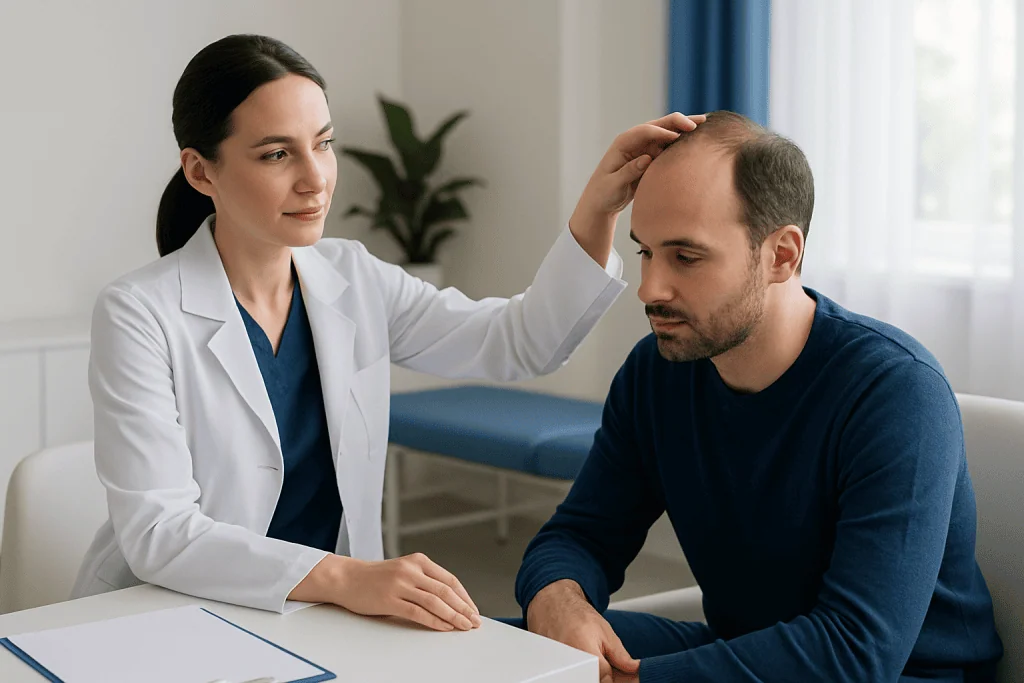 Doctor examining male patient during consultation at Acibadem Hospital.