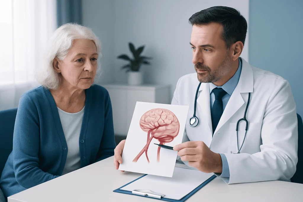 Doctor explaining brain anatomy to an elderly woman in a consultation room.