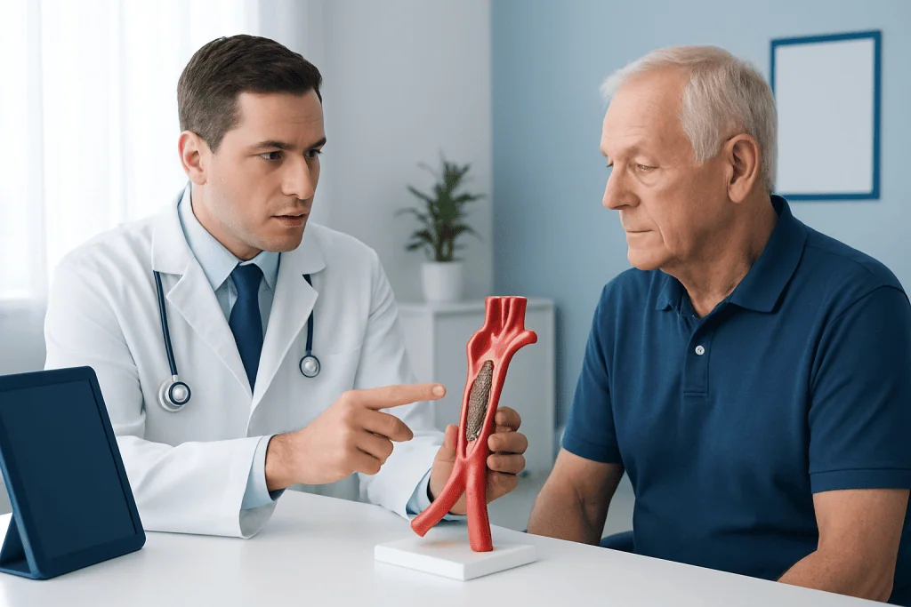 Doctor explaining carotid artery model to patient in consultation room.