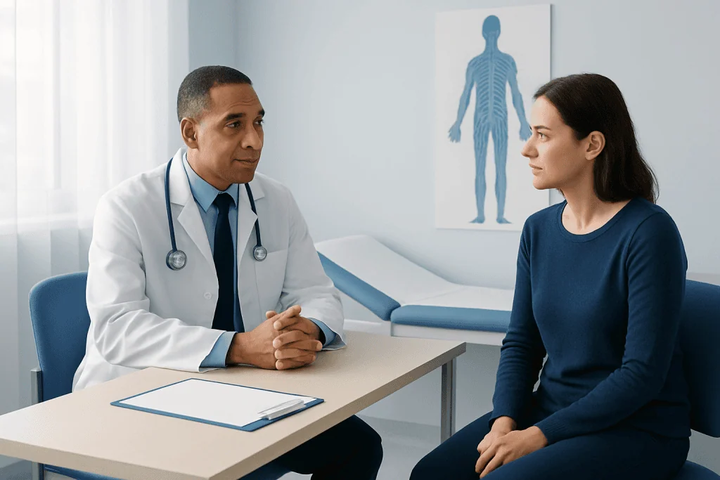 Doctor consulting with a patient in a medical office with neuromuscular disease chart.
