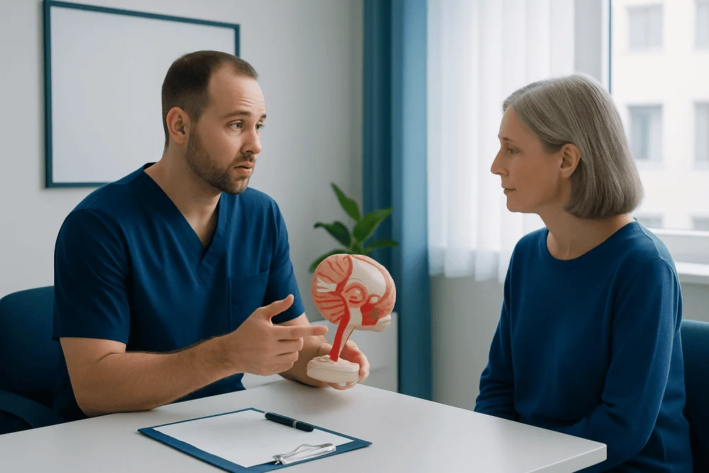 Doctor explaining brain aneurysm treatment to a patient with a model of the brain.