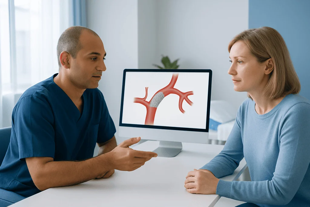Doctor explaining brain aneurysm treatment options to patient.