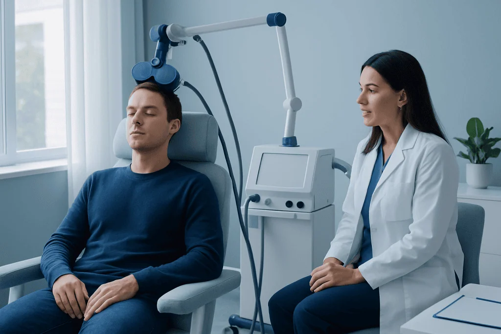 Patient undergoing transcranial magnetic stimulation therapy in a clinical setting.
