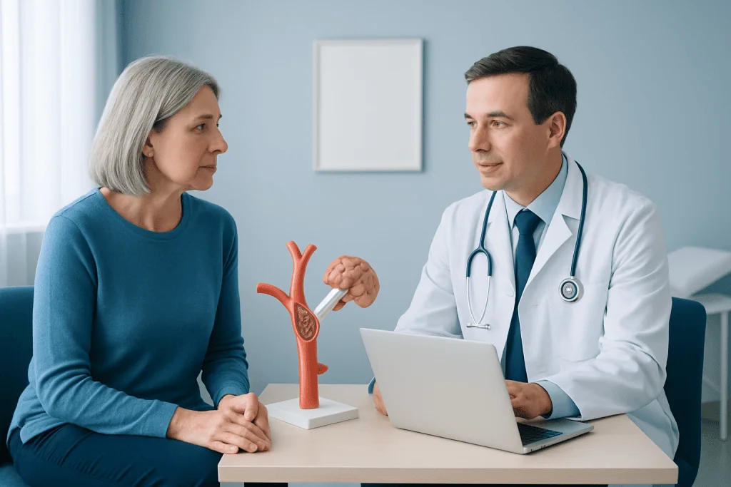 Doctor explaining brain aneurysm treatment to an older female patient.