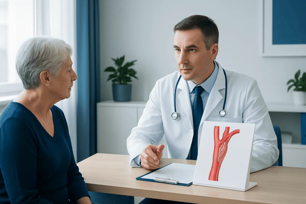 Cardiologist explaining carotid artery health to an elderly woman.