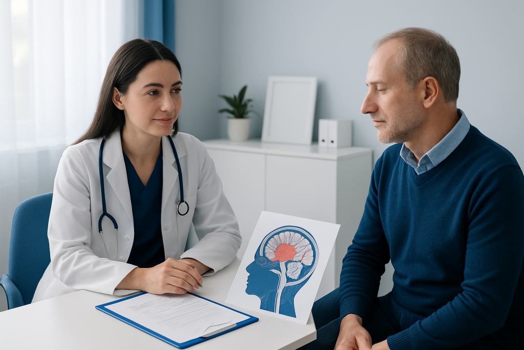 Doctor discussing brain health with patient in a consultation room.