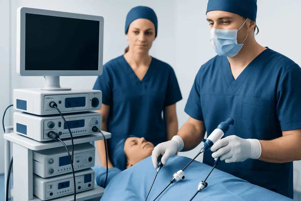 Surgeons perform a gastric bypass procedure in a hospital operating room.