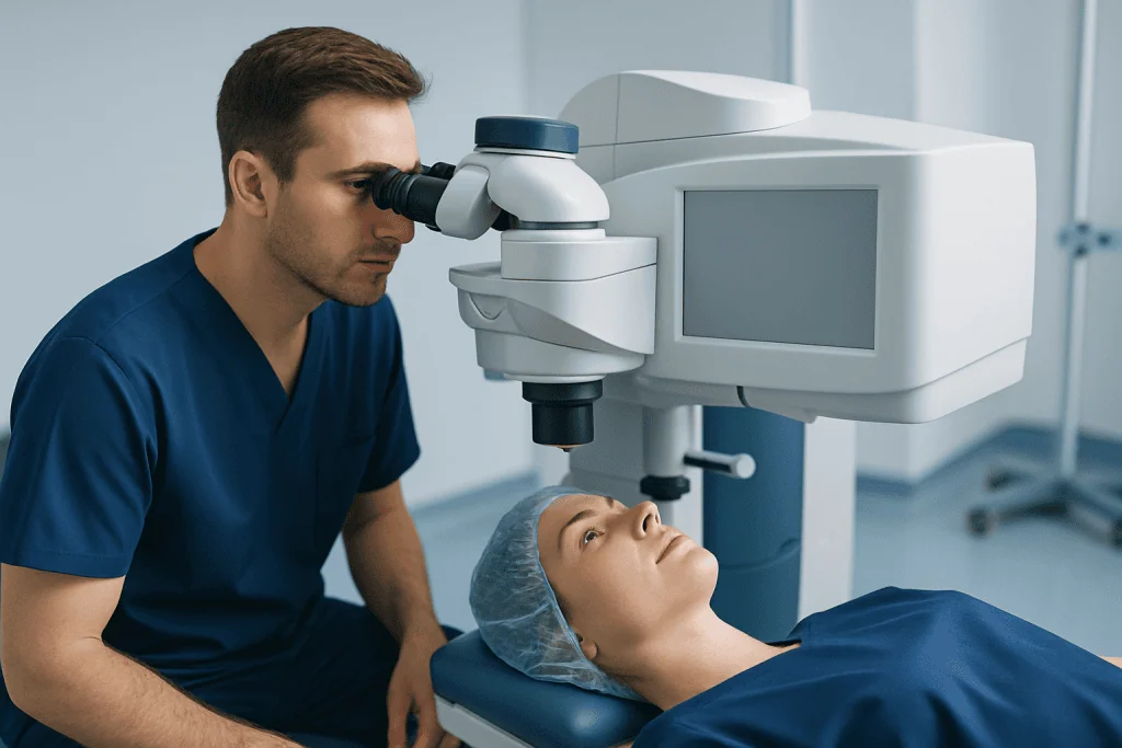 Ophthalmologist examining patient's eyes with advanced equipment at hospital.