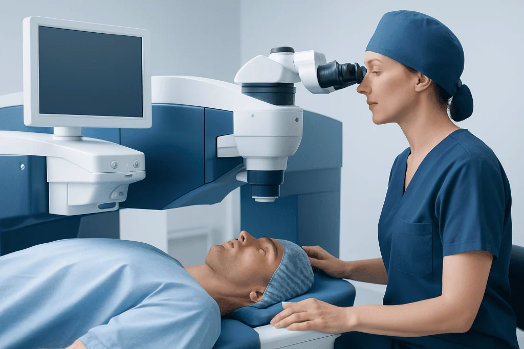 Surgeon performing laser eye surgery with advanced equipment at Acibadem Hospital.