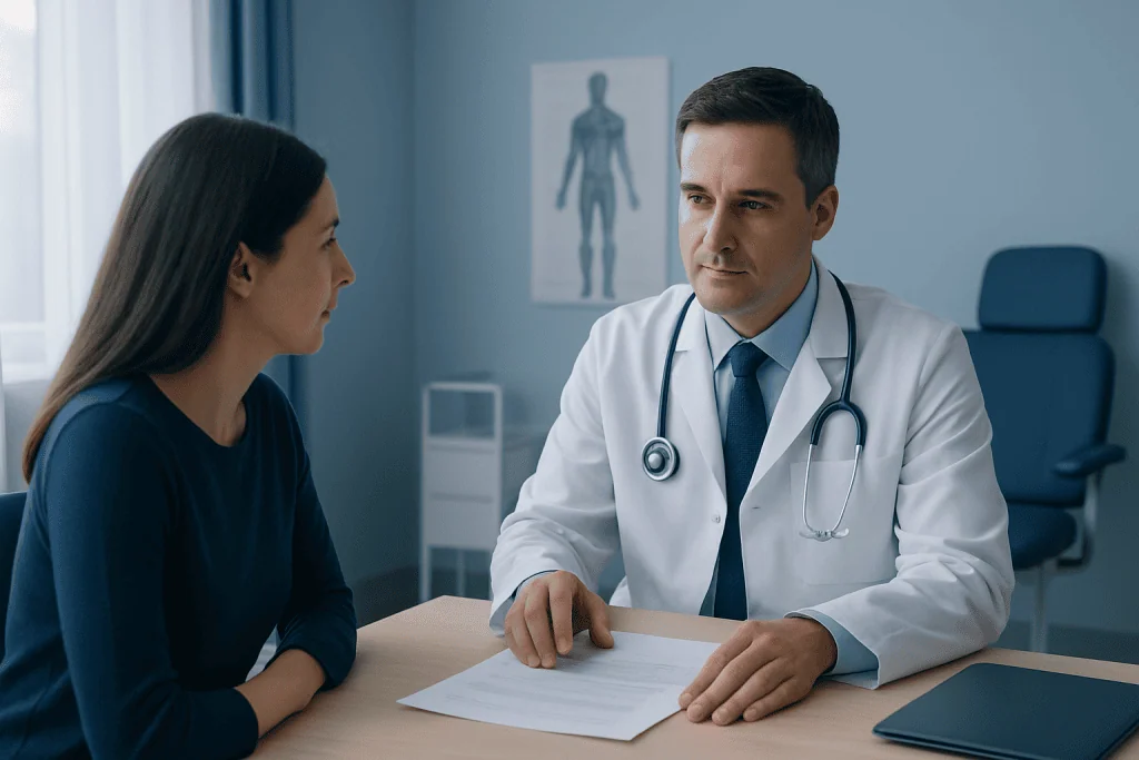 Doctor consulting a patient in a medical office setting.