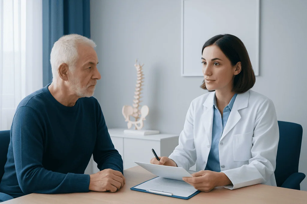 Doctor discussing medication list with elderly patient in consultation room.