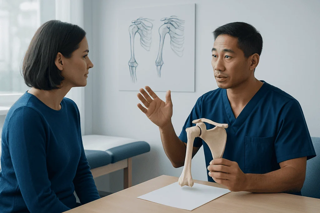 Orthopedic doctor explaining shoulder joint anatomy to patient with shoulder diagram in background.
