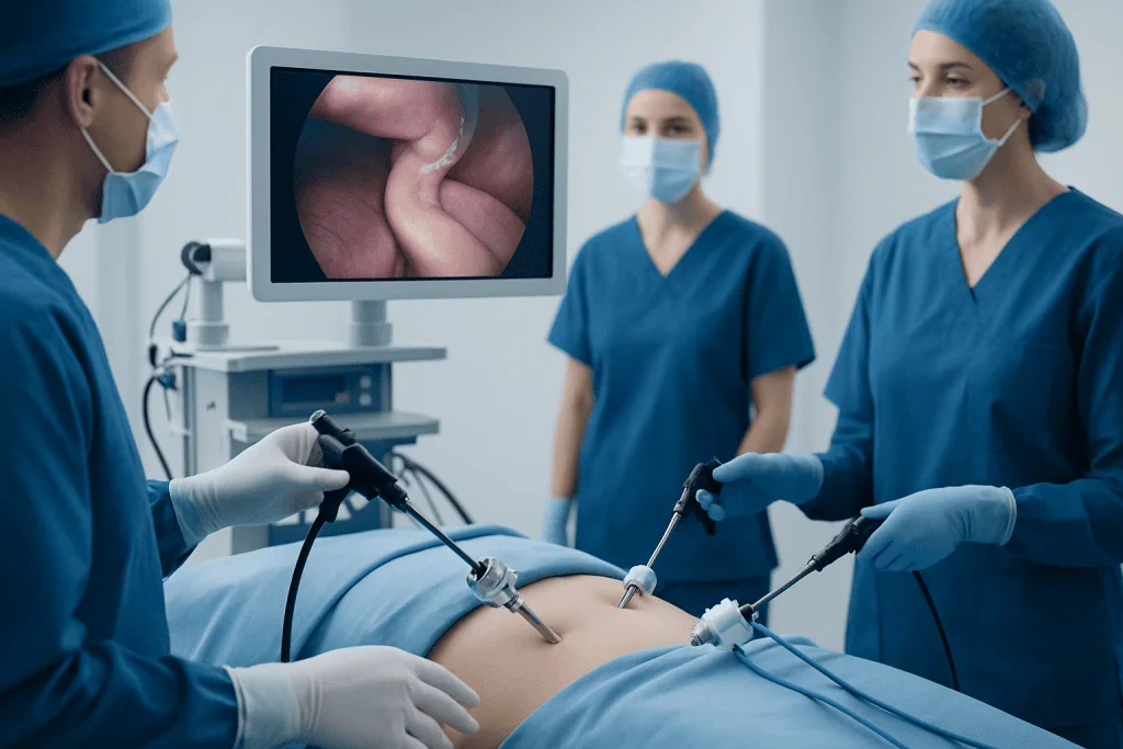 Surgeons perform laparoscopic gastric bypass surgery with endoscopic view on monitor.