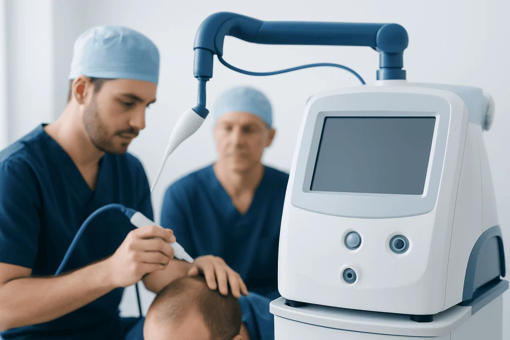 Medical professionals performing a hair transplant with advanced equipment.