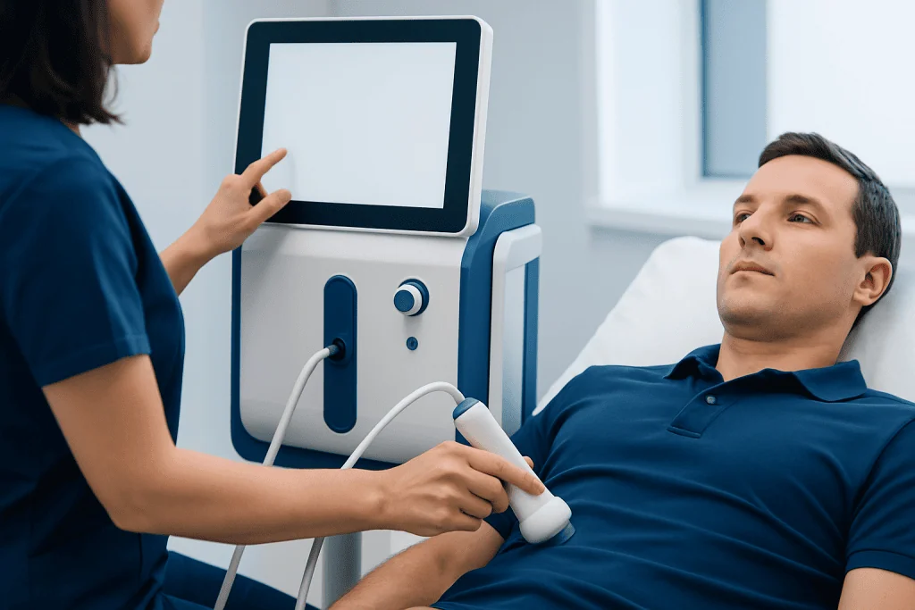 Patient undergoing FibroScan test for liver assessment at Acibadem Hospital.