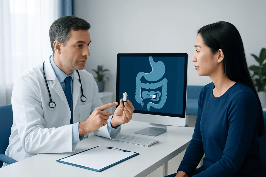 Doctor explaining capsule endoscopy procedure to patient in clinic.
