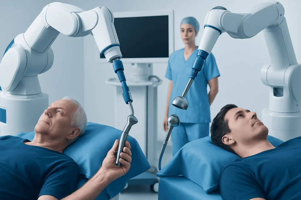 Robotic surgical arms performing hip procedures in a modern hospital.