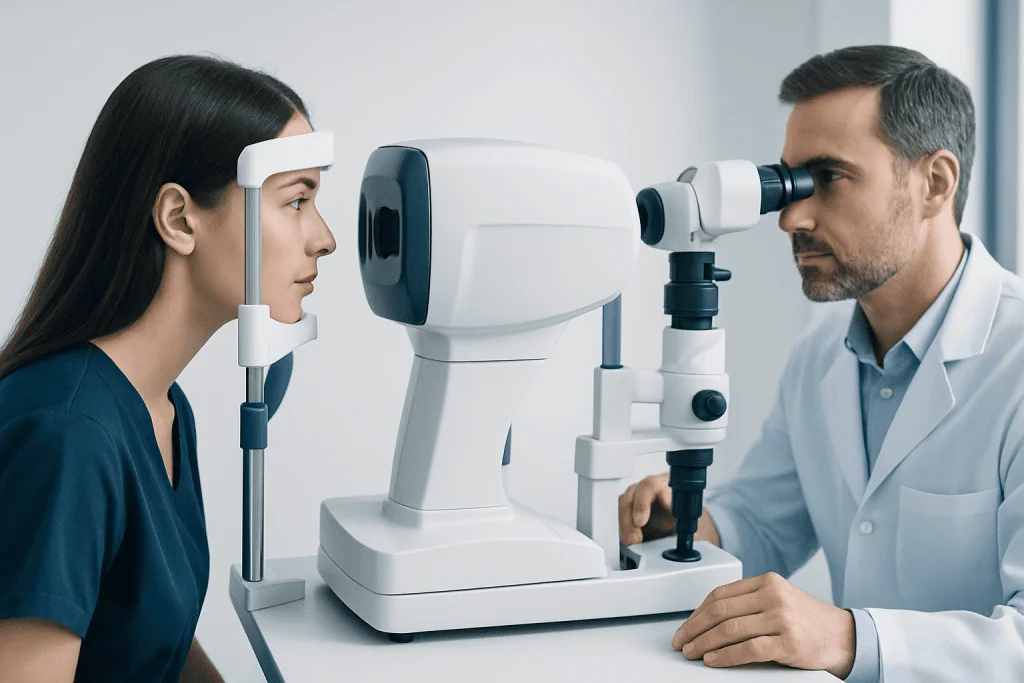 Optometrist performs eye examination using advanced equipment.
