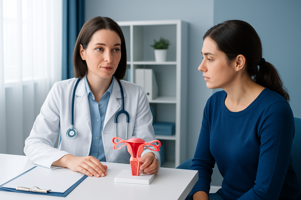 Doctor explaining hysterectomy to patient with uterine model in clinic.