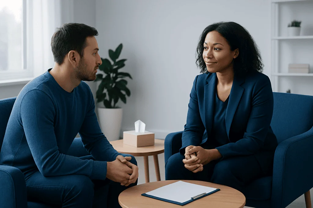 Therapist and patient in a counseling session at Acibadem Hospitals Group.