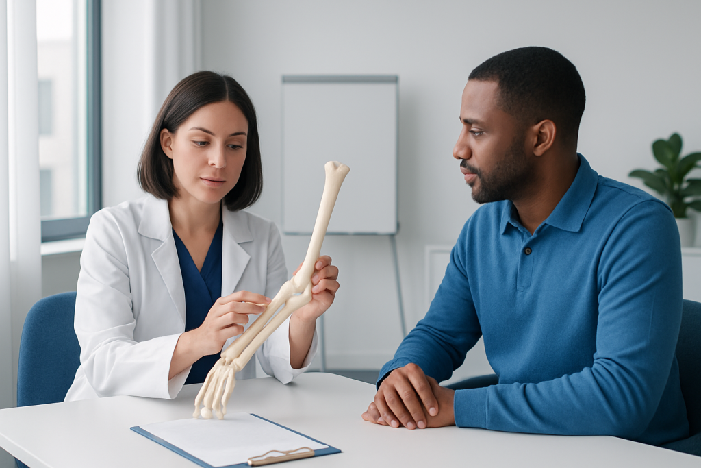 Medical consultation on elbow joint anatomy with a doctor and patient.
