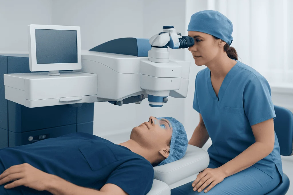 Ophthalmologist performing laser eye surgery with advanced equipment.