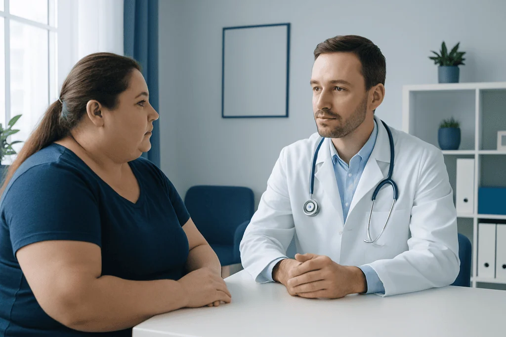 Doctor consulting with a patient about weight loss options in a medical office.